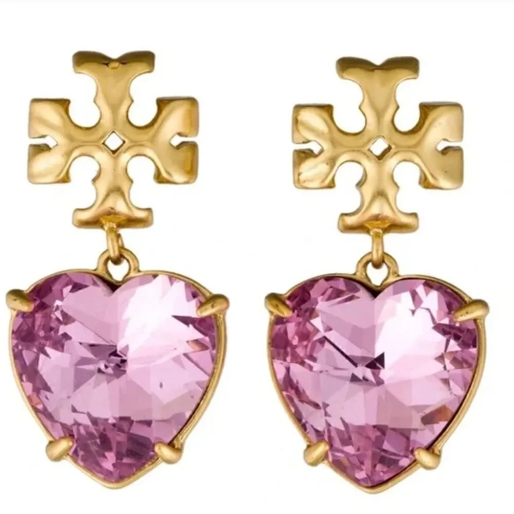 TORY BURCH ROXANNE PINK HEART CRYSTAL DIAMOND EARRINGS